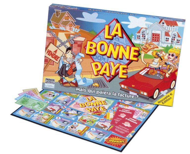 Boîte du jeu de société La Bonne Paye avec ses éléments colorés et son plateau