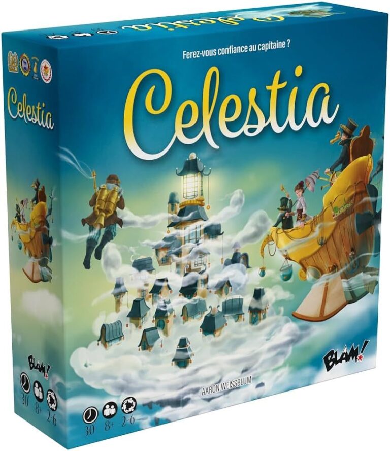 Boîte du jeu de société Celestia et son aéronef illustré.