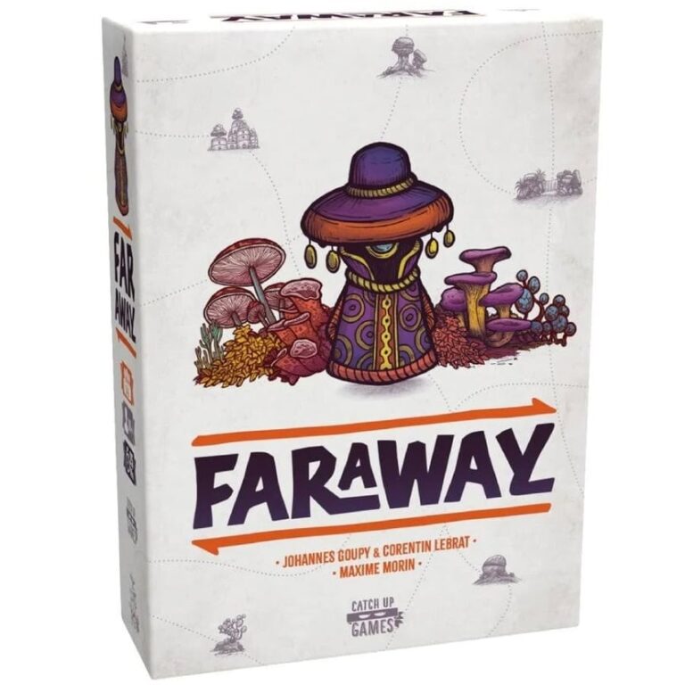 Boite du jeu de societe Faraway et son illustration coloree.