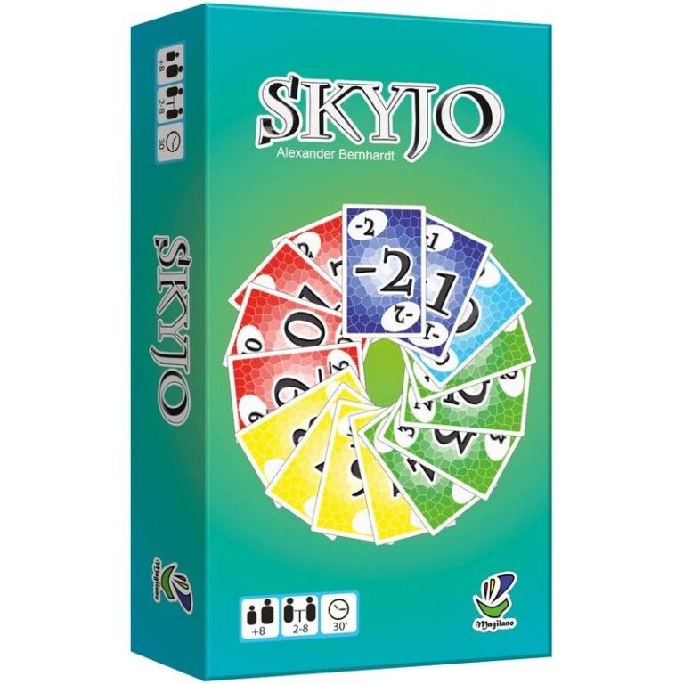Vue de face de la boîte du jeu de cartes Skyjo.