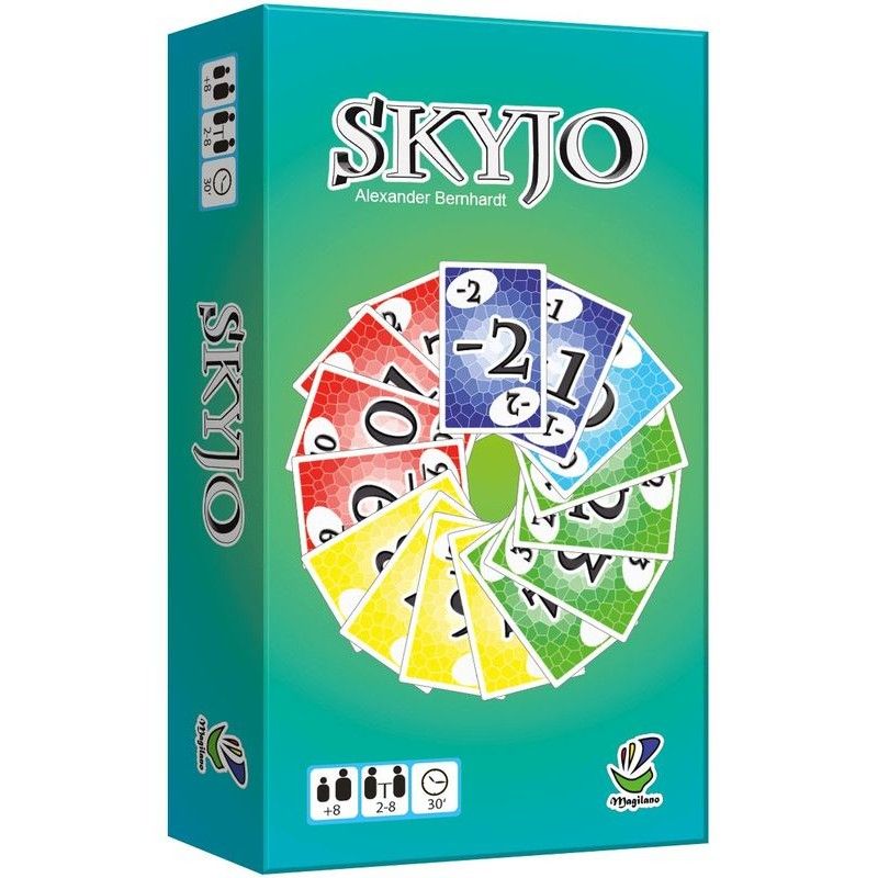 Vue de face de la boîte du jeu de cartes Skyjo.