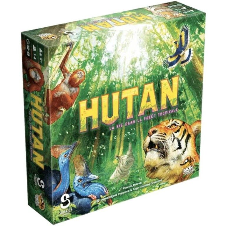Boîte du jeu de société Hutan avec sa jungle colorée