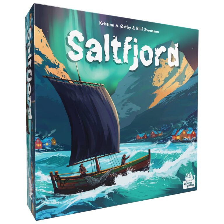 Boîte officielle du jeu de société Saltfjord illustrée.