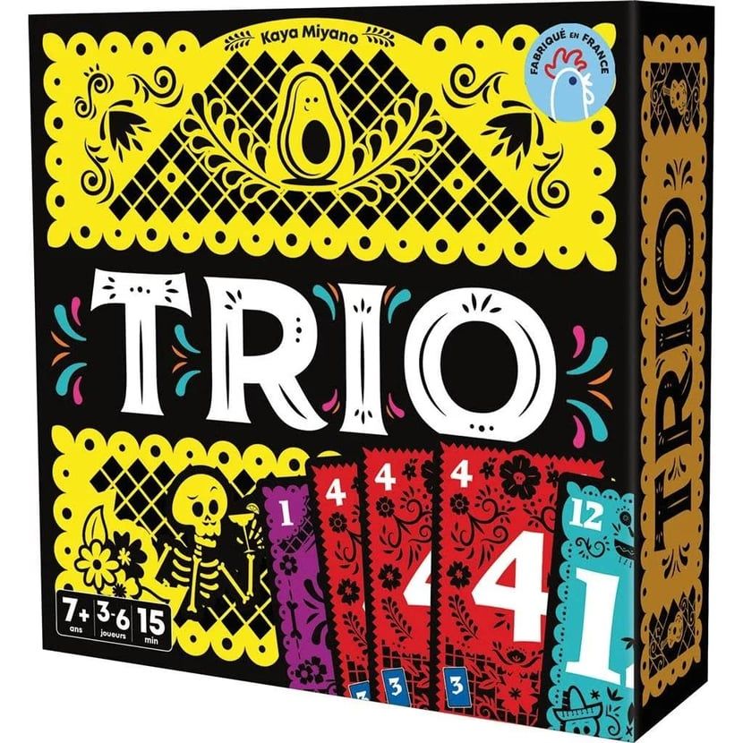 Boîte du jeu de société Trio avec son illustration colorée.