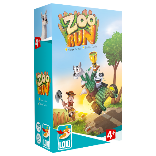 Boîte du jeu de société Zoo Run illustrant des animaux.