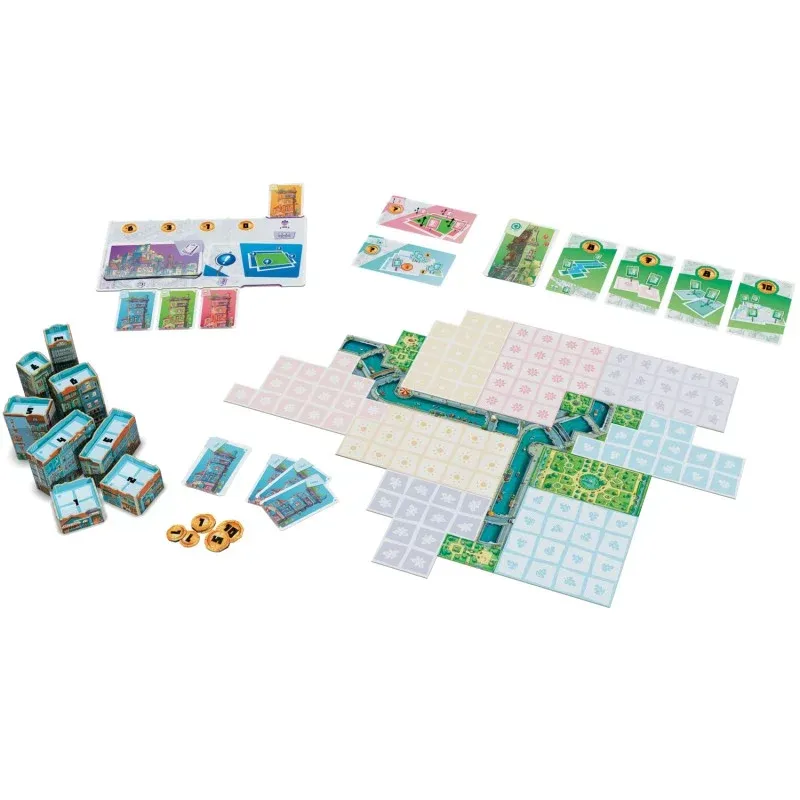 Détail des cartes et des pions du jeu Bella Vista.