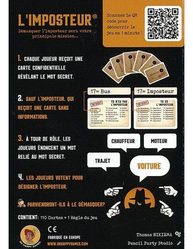 Détail des cartes de rôles cachés du jeu L'Imposteur.