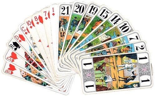 Détail des figures, des atouts et de l'excuse du tarot.