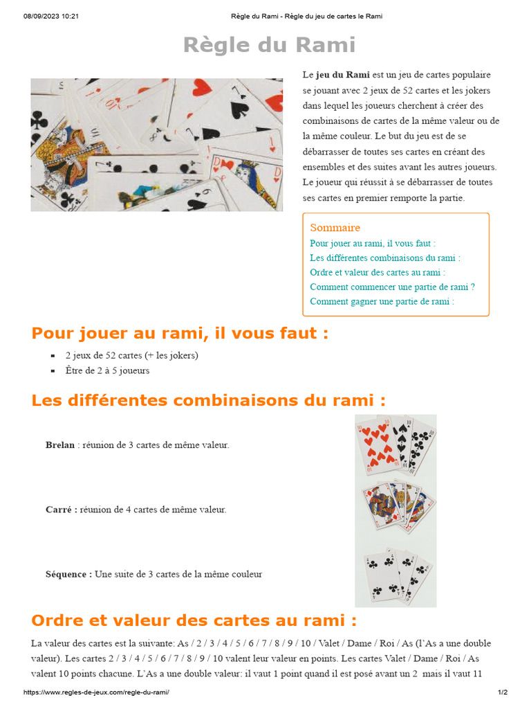 Detail d'une combinaison de cartes gagnante au Rami.