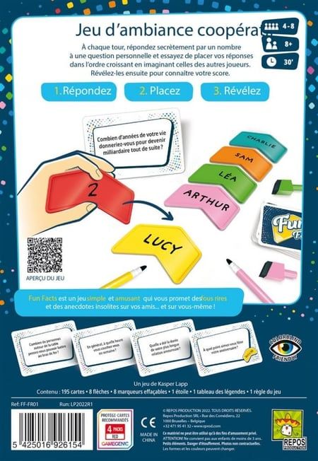 Détail des flèches colorées et cartes questions de Fun Facts.