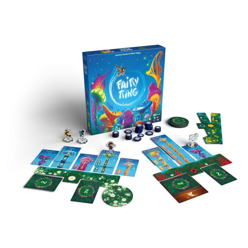 Gros plan sur les cartes et pions de Fairy Ring.