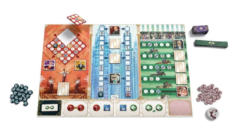 Détail des cartes illustrées et jetons du jeu Gatsby