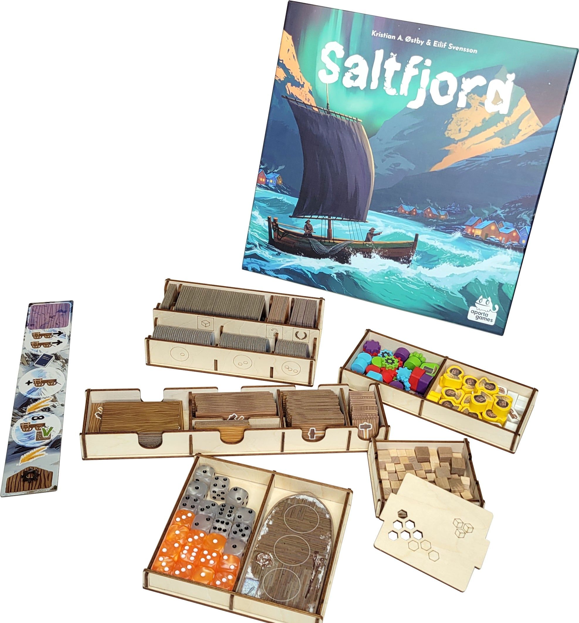 Gros plan sur les cartes et les pions de Saltfjord.