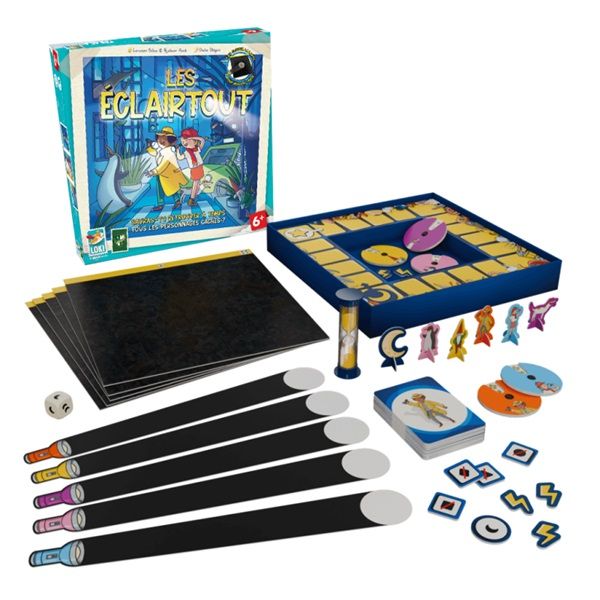 Détail précis des cartes et pions Les Eclairtout.