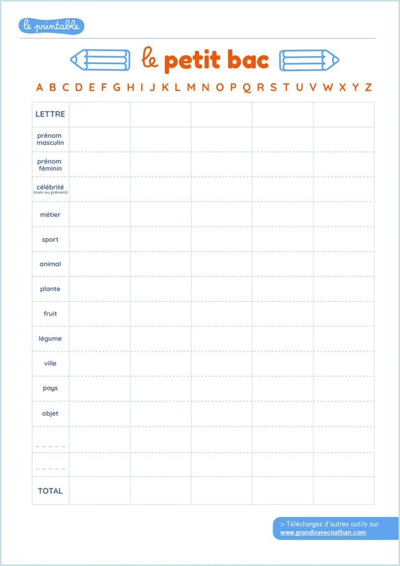 Détail d'une grille remplie avec les catégories du Petit Bac.