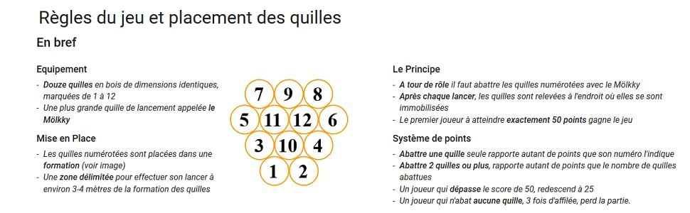 Détail sur les douze quilles numérotées et le lanceur Mölkky