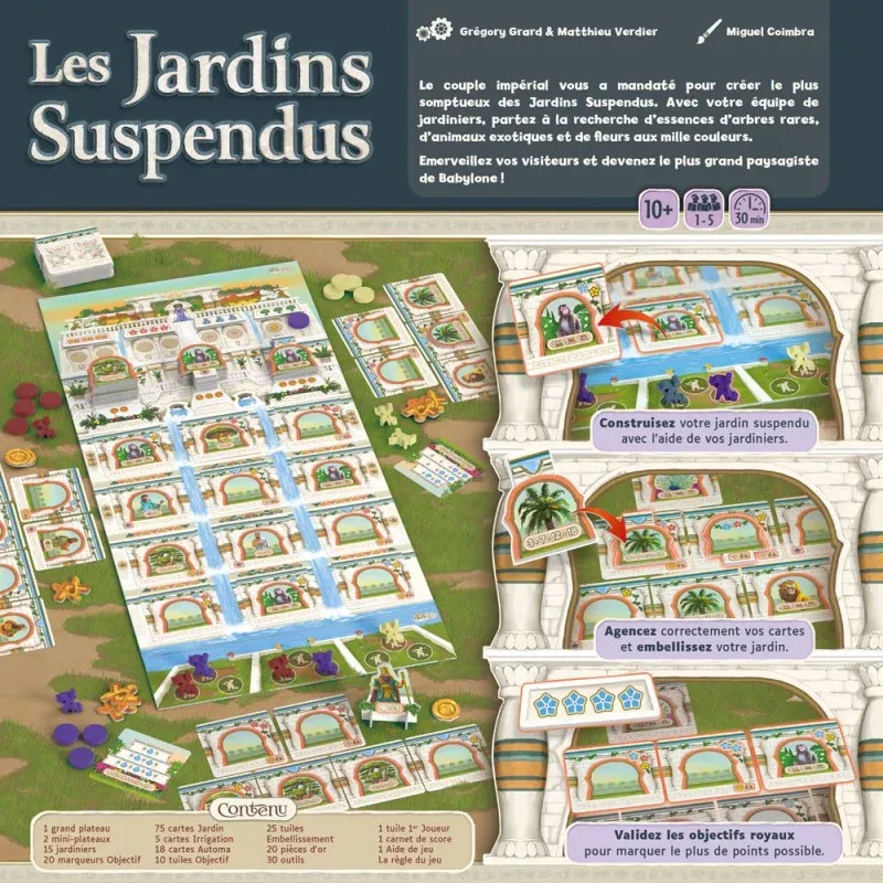 Detail des tuiles et cartes du jeu Jardins suspendus