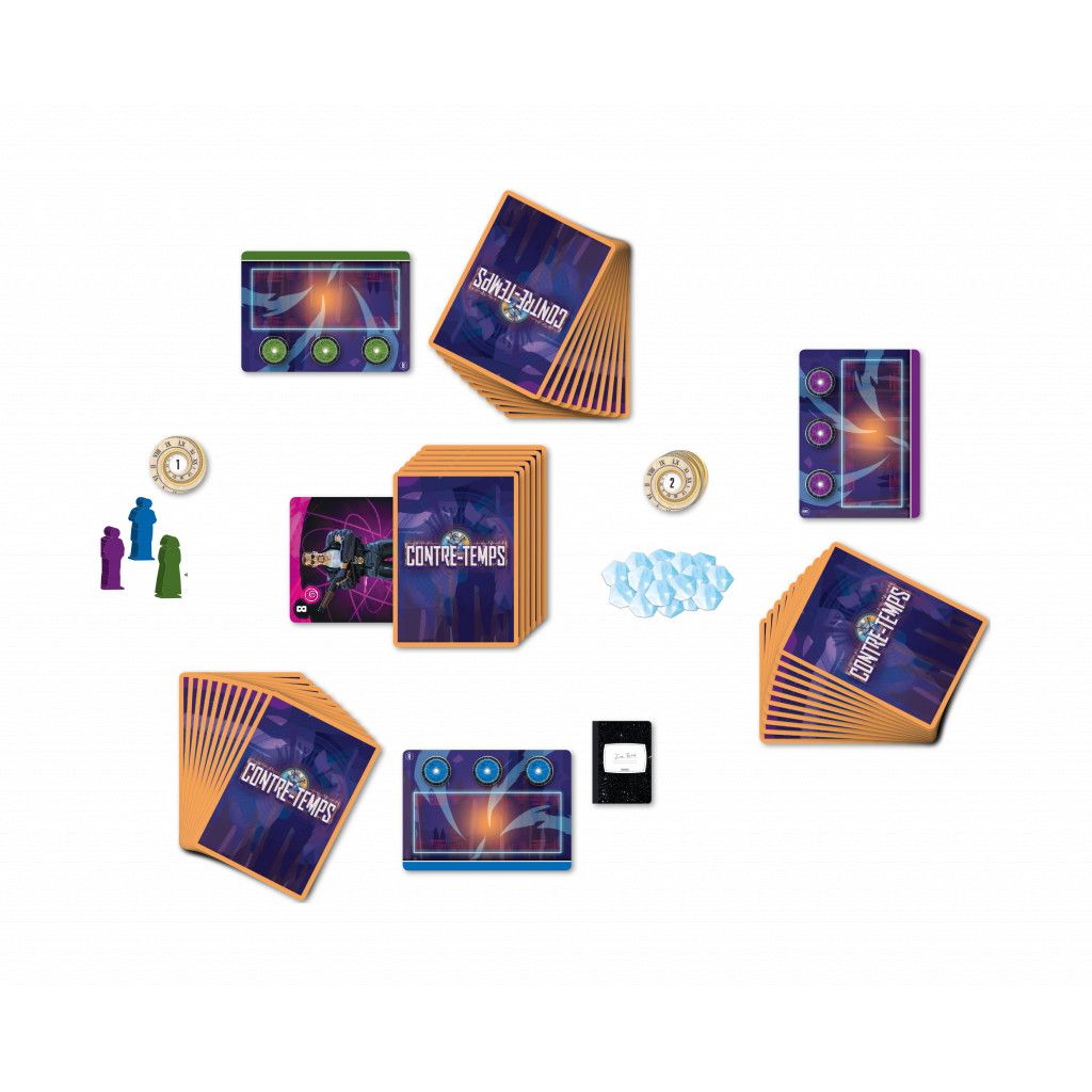 Detail des cartes et des pions du jeu Contre-temps.