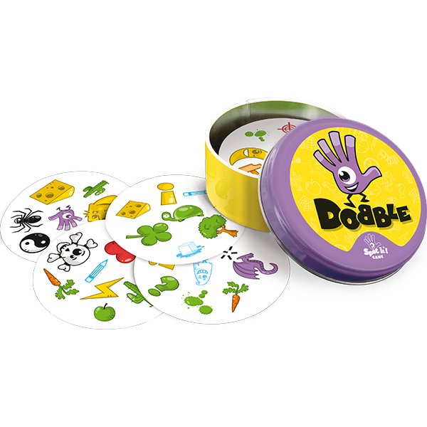 Vue d'ensemble du matériel et des cartes rondes Dobble