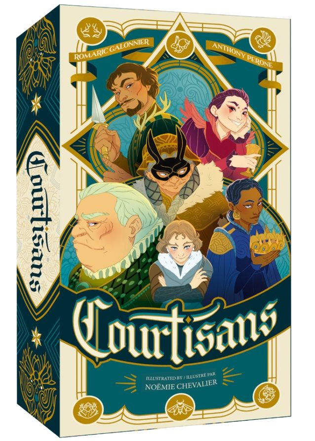 Vue générale du matériel et des cartes du jeu Courtisan.