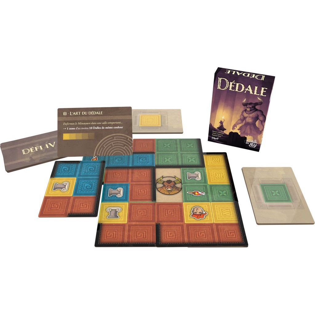 Vue générale du matériel et du plateau du jeu Dédale