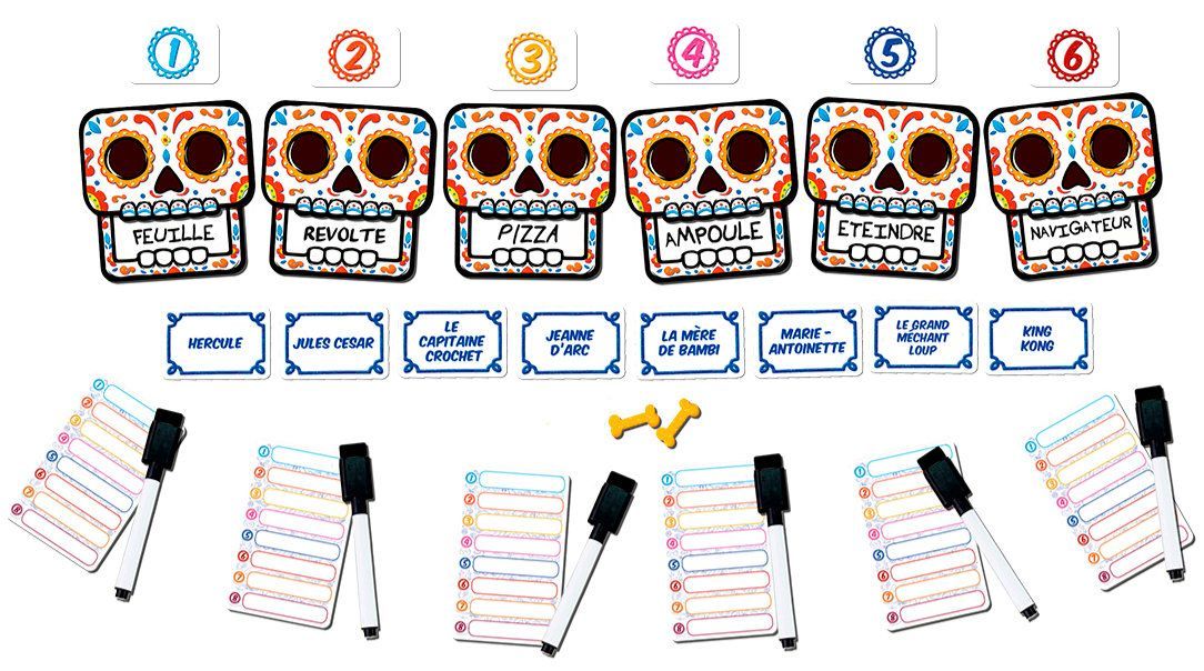 Vue complète du matériel du jeu Fiesta de los muertos.