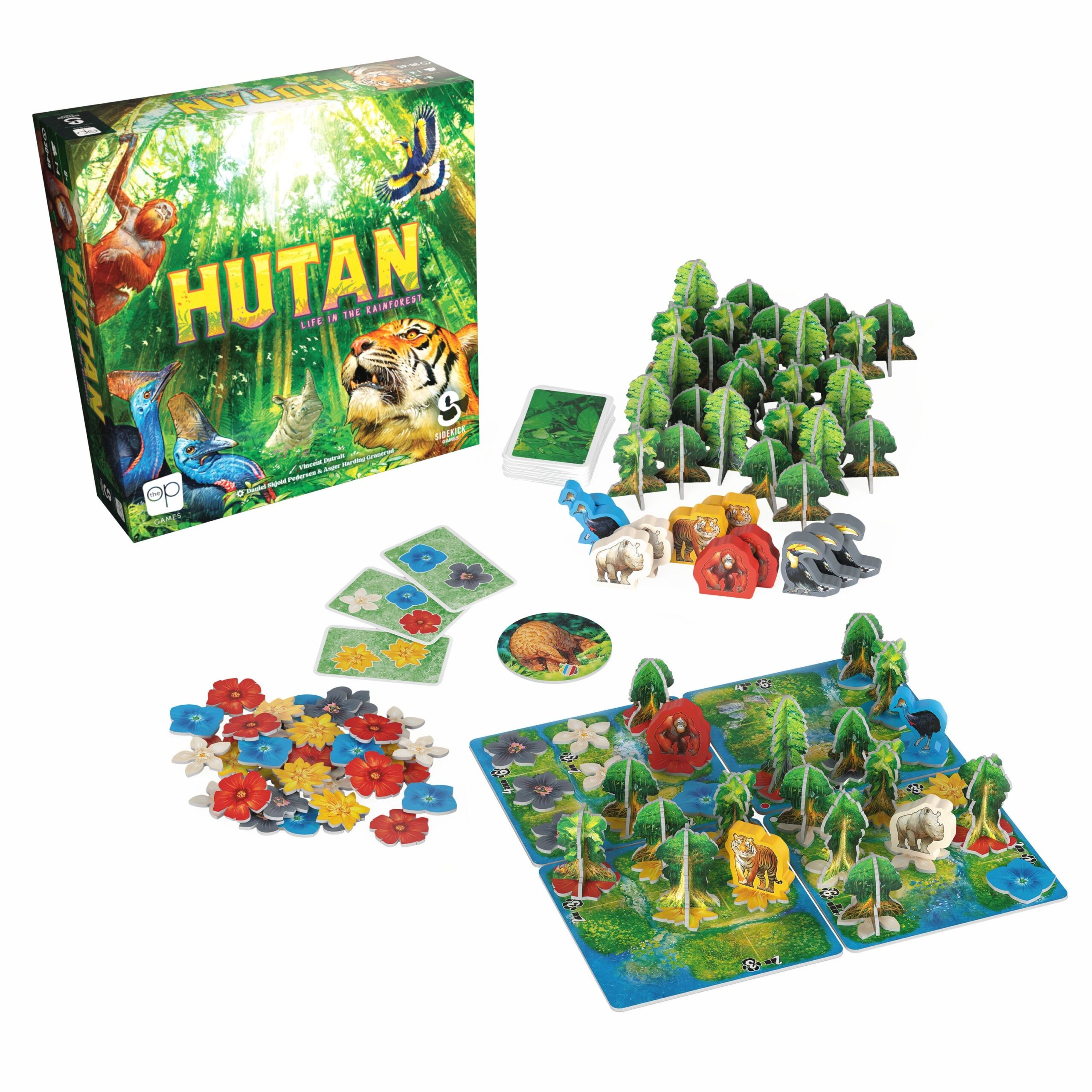 Matériel du jeu Hutan avec plateau, cartes et pions animaux