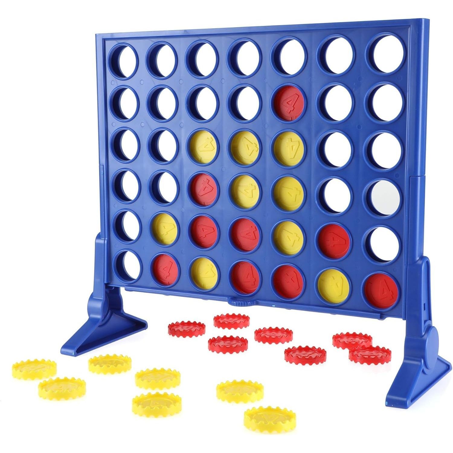 Grille verticale et jetons colorés du jeu Puissance 4.