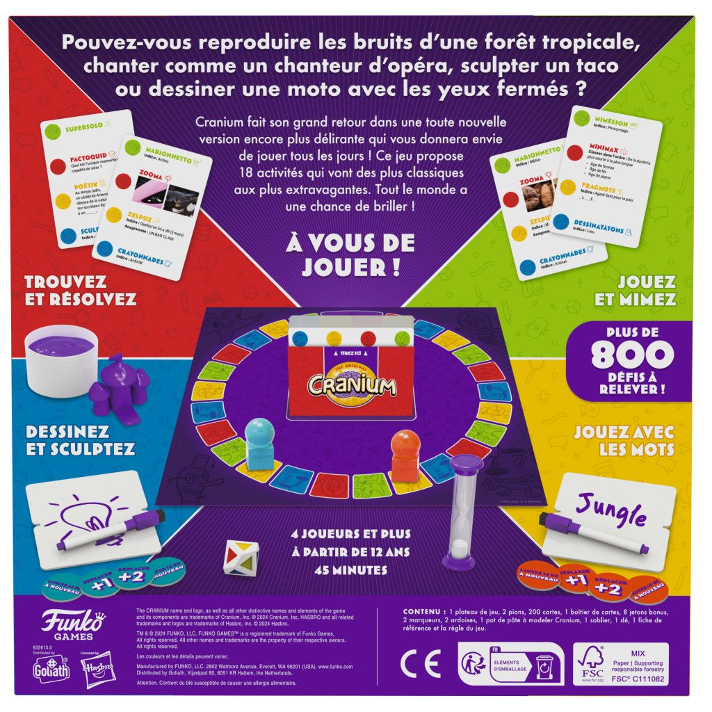 Vue générale du plateau, des cartes et des pions du jeu Cranium.