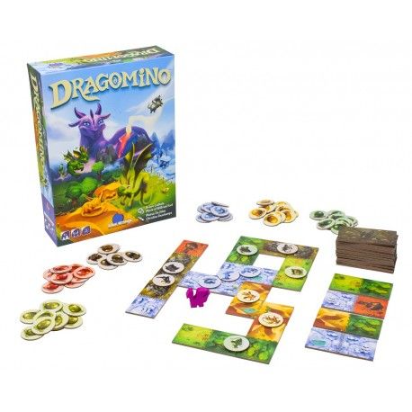 Vue générale du matériel et des dominos du jeu Dragomino.