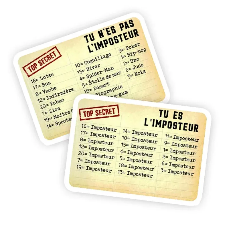 Vue générale du matériel et des cartes du jeu L'Imposteur.