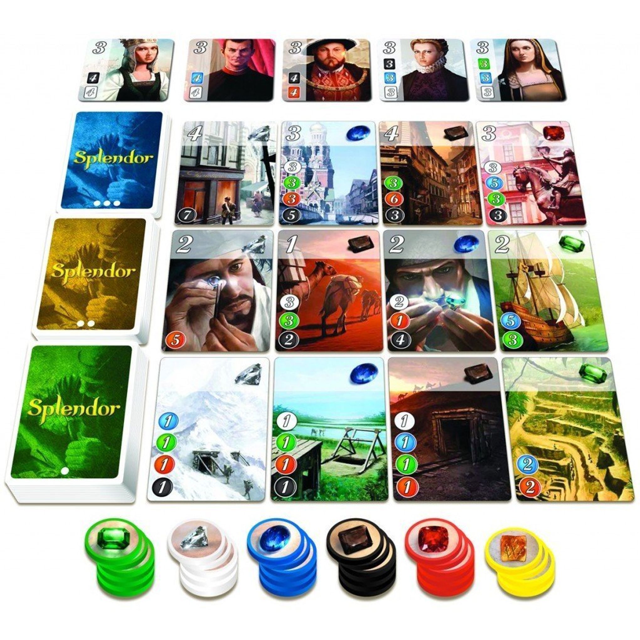 Vue d'ensemble du matériel et des jetons de Splendor.