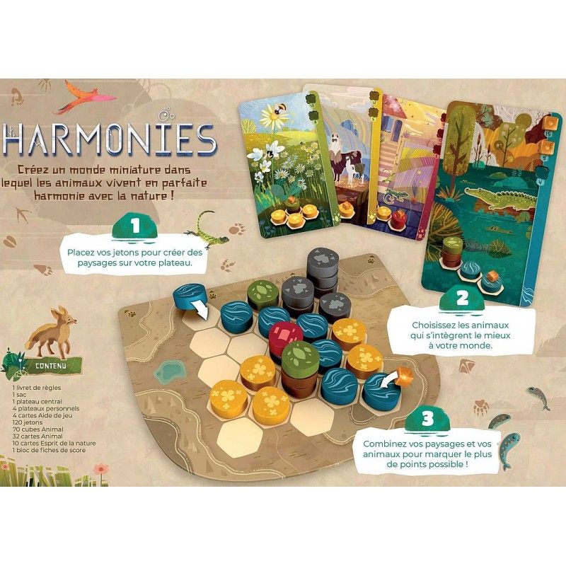 Vue générale du matériel et plateau du jeu Harmonies.