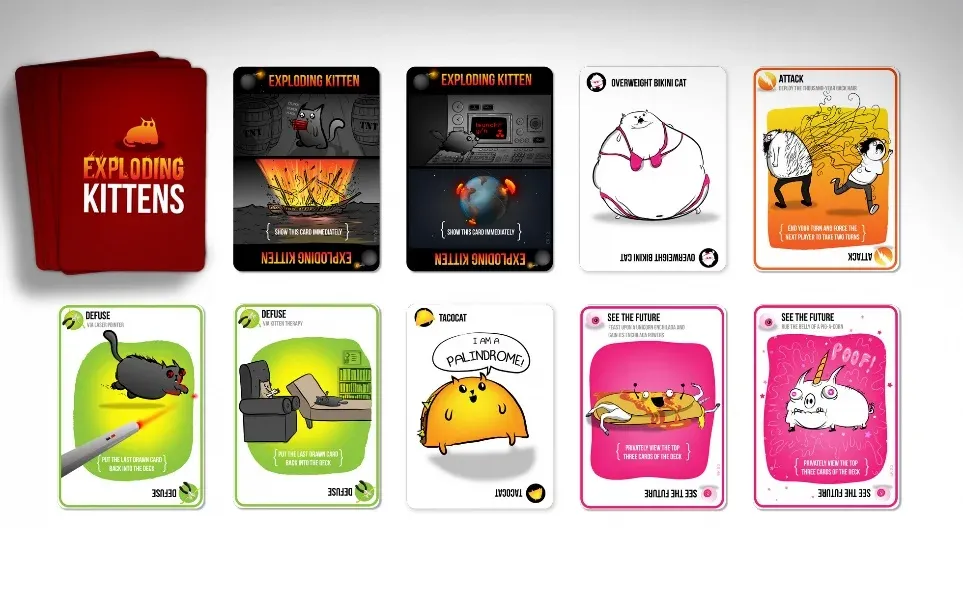 Vue generale du materiel et des cartes Exploding Kittens