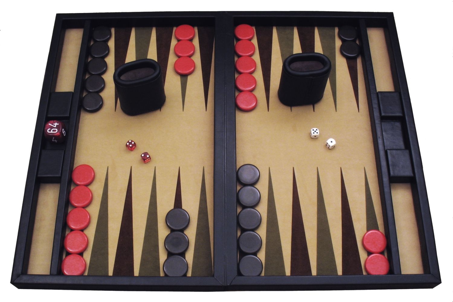 Vue generale du materiel et du plateau de Backgammon.