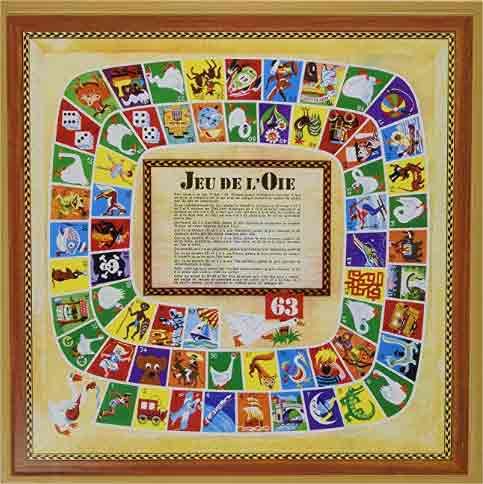 Vue générale du plateau et matériel du jeu de l'oie.