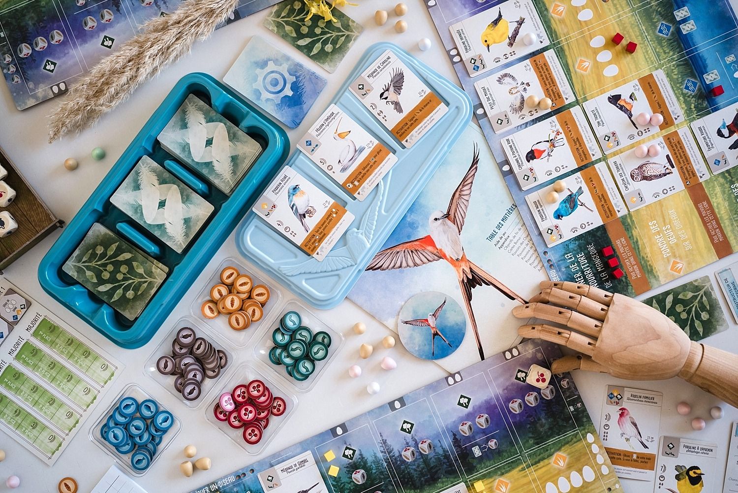 Vue générale du matériel et du plateau de jeu Wingspan.