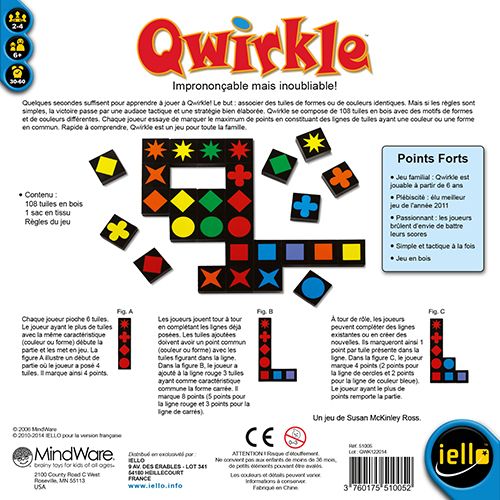 Vue générale du matériel et des tuiles du jeu Qwirkle.
