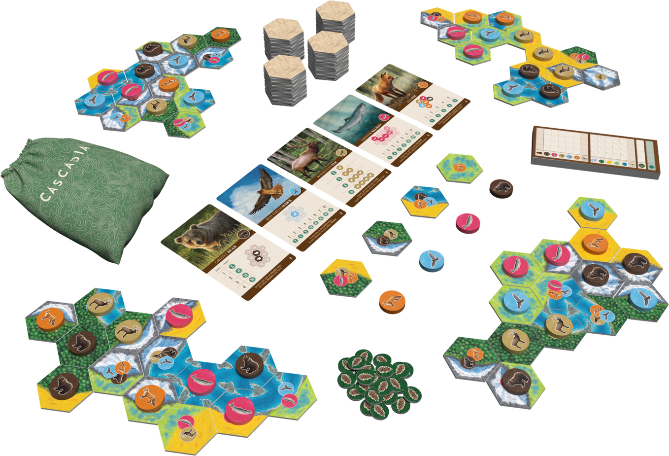 Vue générale du matériel de Cascadia avec tuiles et jetons.