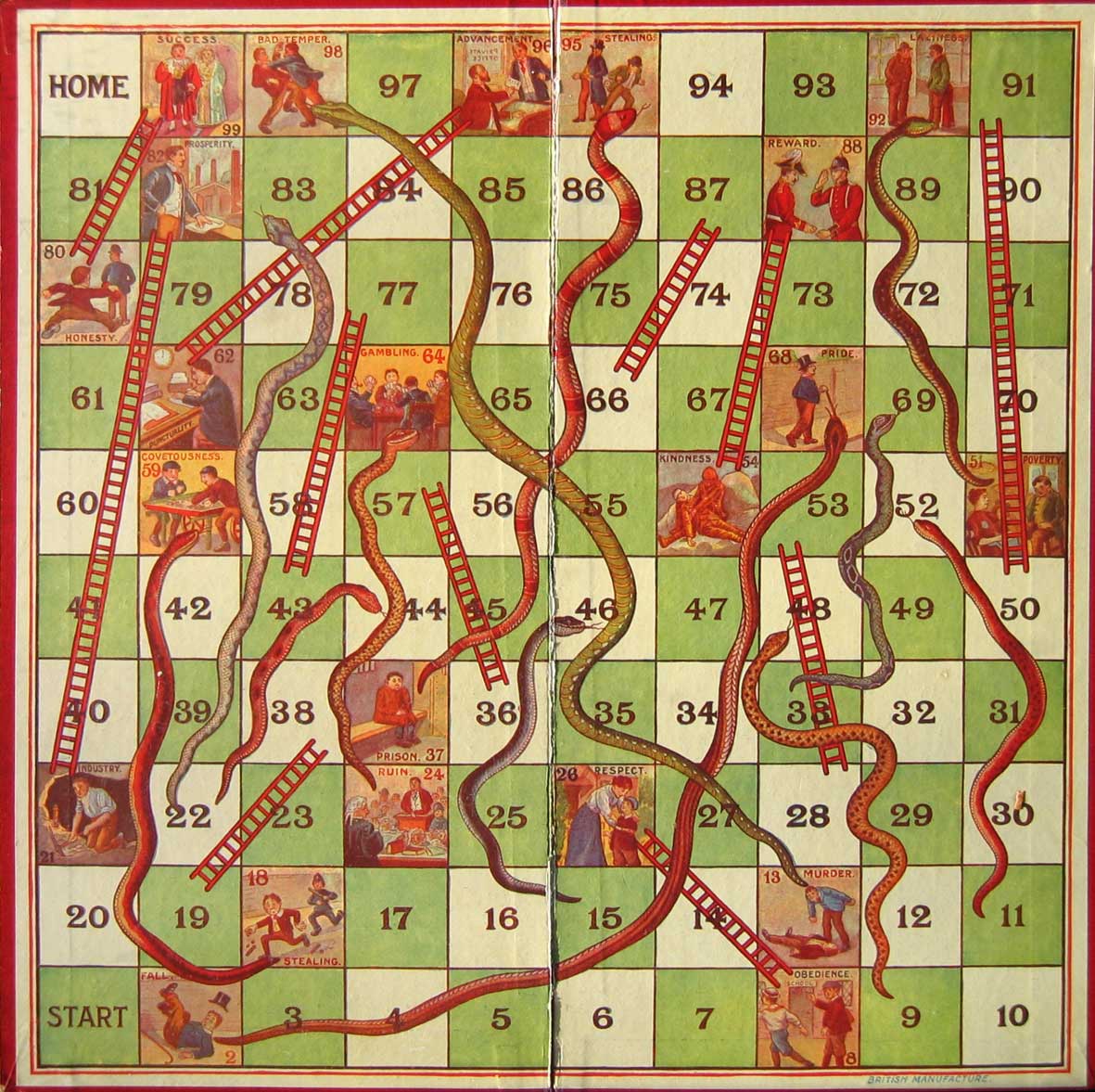 Plateau de jeu illustré avec les serpents et les échelles.