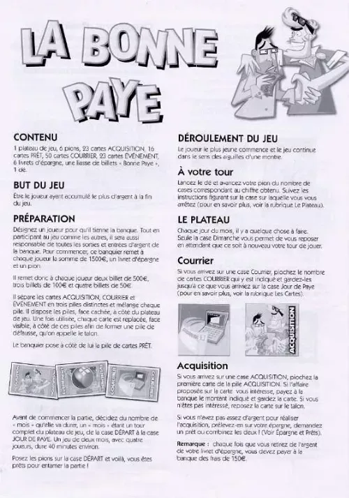 Plateau de jeu La Bonne Paye déployé avec cartes, billets et pions