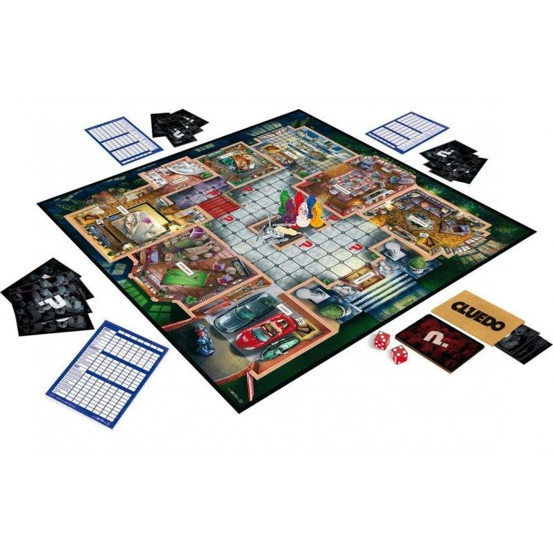 Vue générale du plateau et du matériel du jeu Cluedo.
