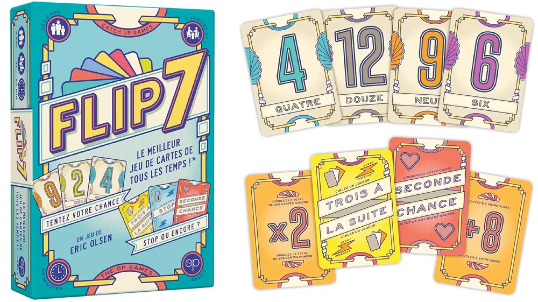 Vue globale du materiel et des cartes de Flip 7.