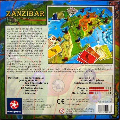 Vue d'ensemble du matériel de jeu de société Zanzibar.