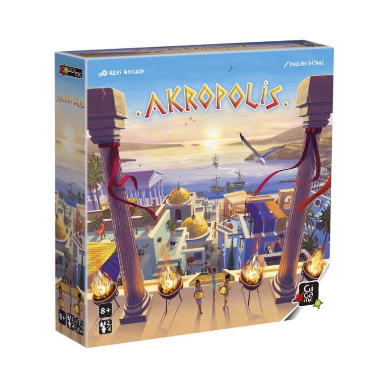 Boîte du jeu de société Akropolis illustrant une cité antique.