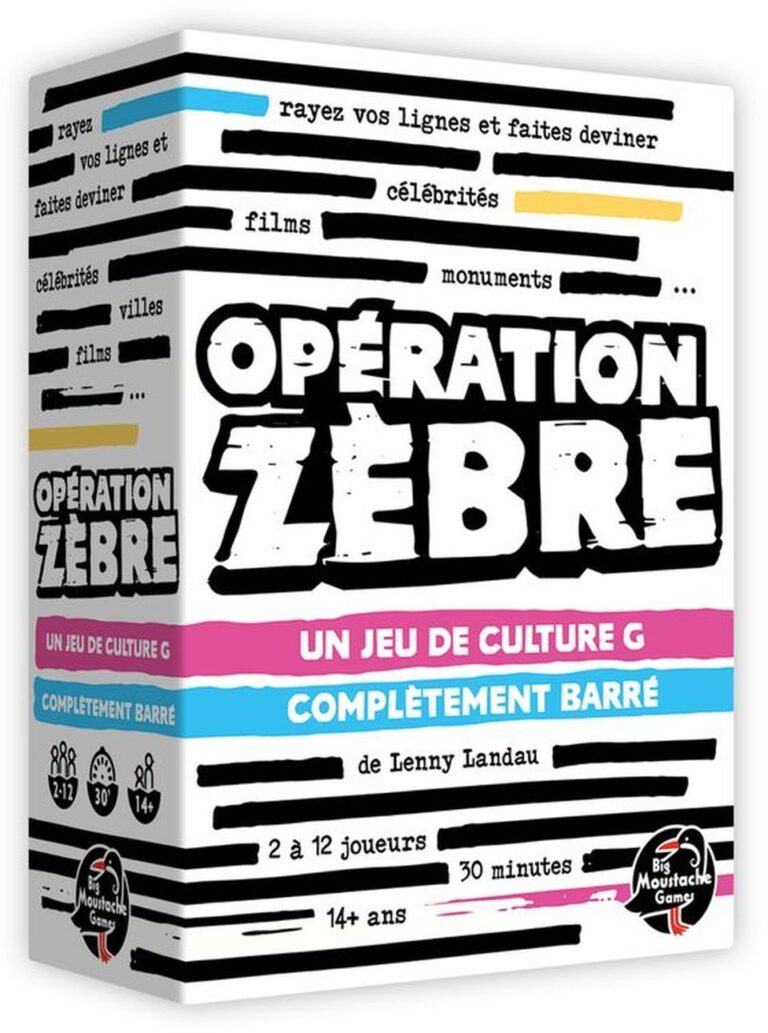 Vue de face de la boîte du jeu Opération Zèbre.