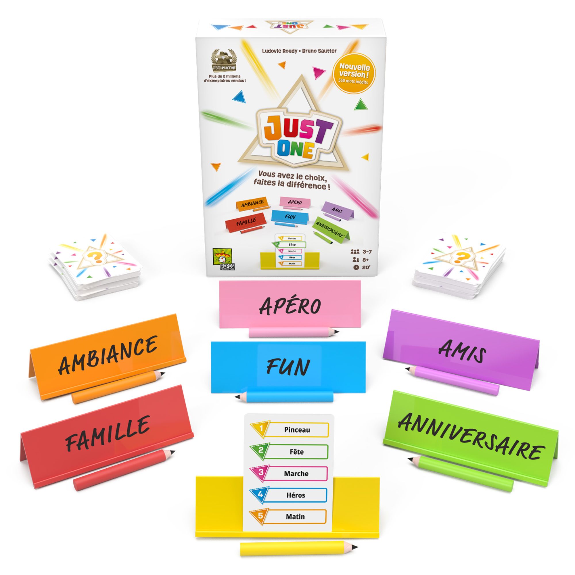 Détail des cartes et des chevalets effaçables Just One.