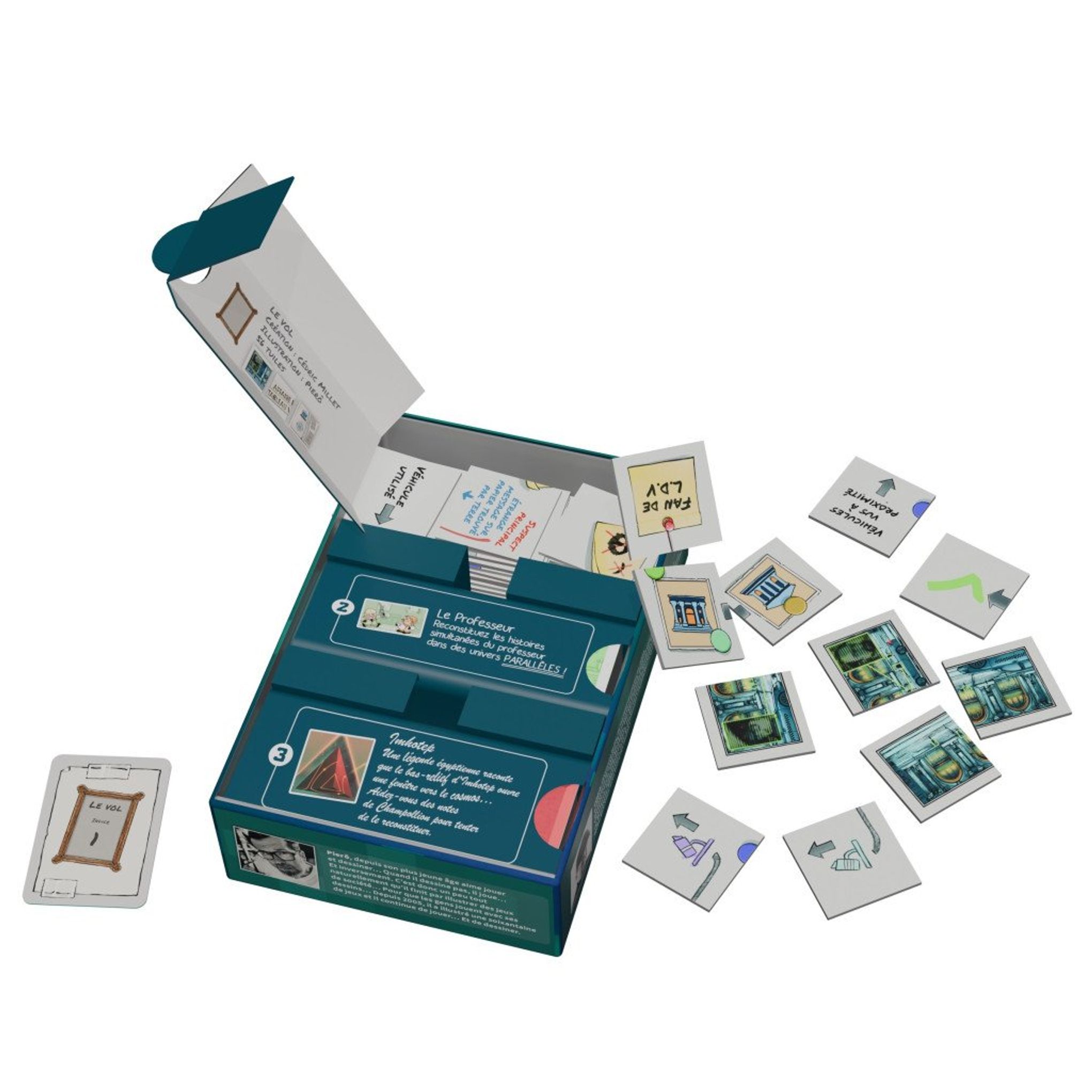 Gros plan sur les cartes illustrees du jeu Behind.