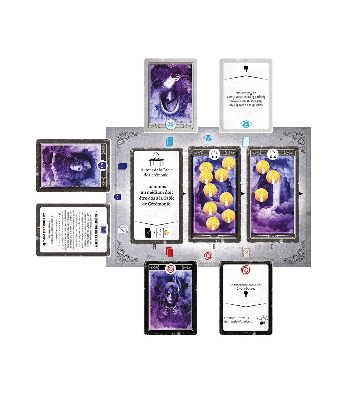 Gros plan sur les cartes et pions du jeu Hantise.