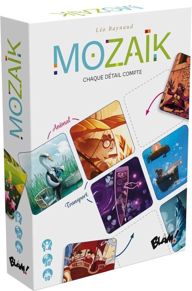 Gros plan sur les tuiles et cartes du jeu Mozaïk.